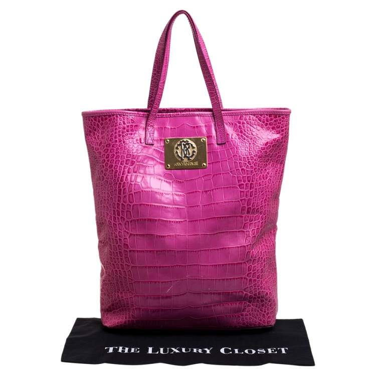 Pre Owned Roberto Cavalli Pink Croc Embossed Leather Shopper Tote