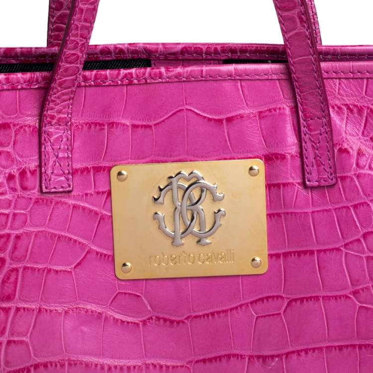Pre Owned Roberto Cavalli Pink Croc Embossed Leather Shopper Tote
