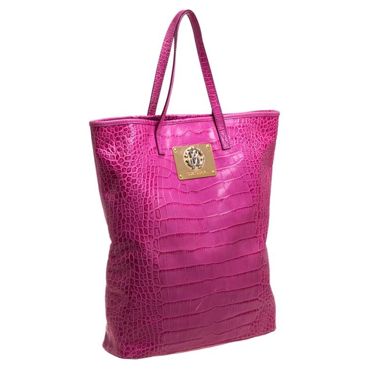 Pre Owned Roberto Cavalli Pink Croc Embossed Leather Shopper Tote