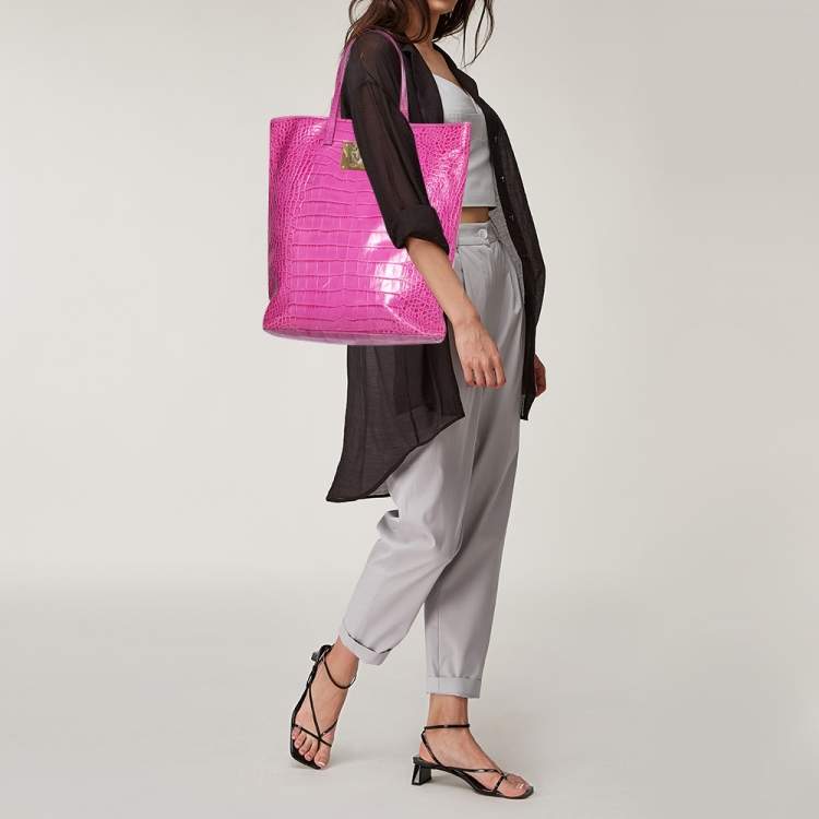 Pre Owned Roberto Cavalli Pink Croc Embossed Leather Shopper Tote