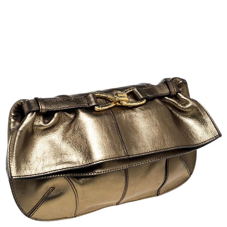 Pre Owned Roberto Cavalli Olive Green Leather Fold Over Clutch