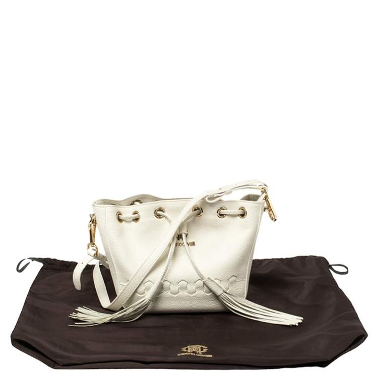 Pre Owned Roberto Cavalli White Leather Drawstring Tassel Shoulder Bag