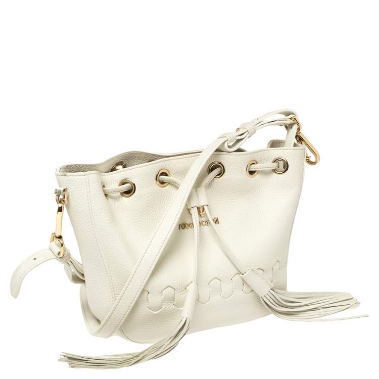 Pre Owned Roberto Cavalli White Leather Drawstring Tassel Shoulder Bag