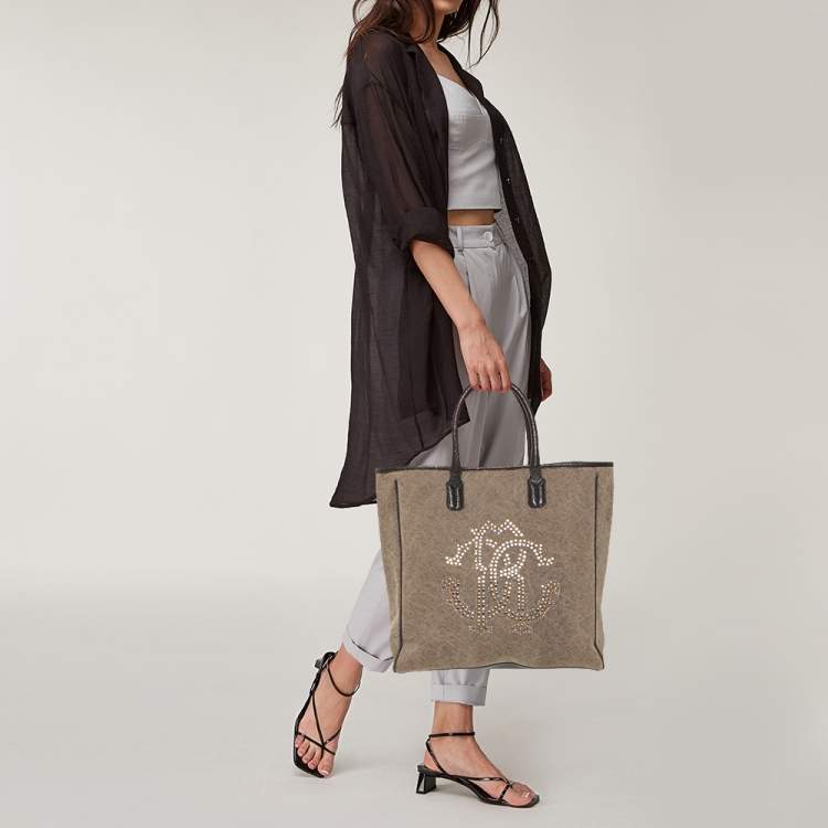 Pre Owned Roberto Cavalli Moss Green Canvas and Leather Studded Logo Tote