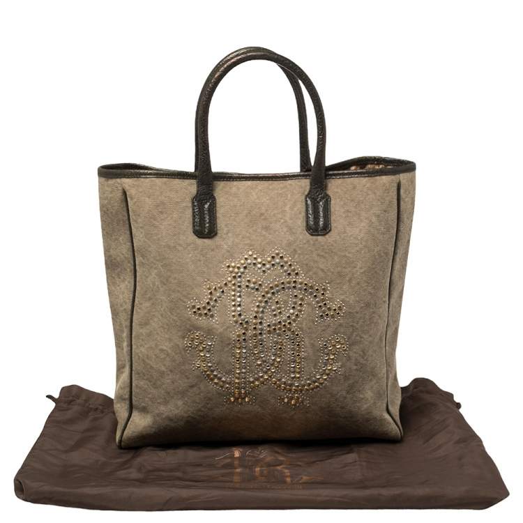 Pre Owned Roberto Cavalli Moss Green Canvas and Leather Studded Logo Tote