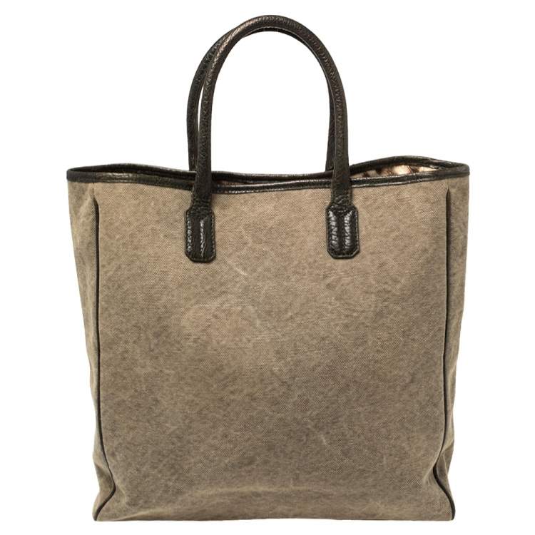 Pre Owned Roberto Cavalli Moss Green Canvas and Leather Studded Logo Tote