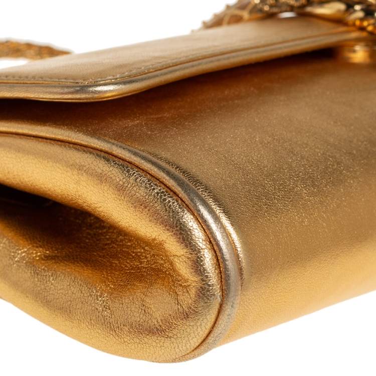 مملوكة مسبقًا Roberto Cavalli Gold Leather Serpent Clasp Chain Clutch
