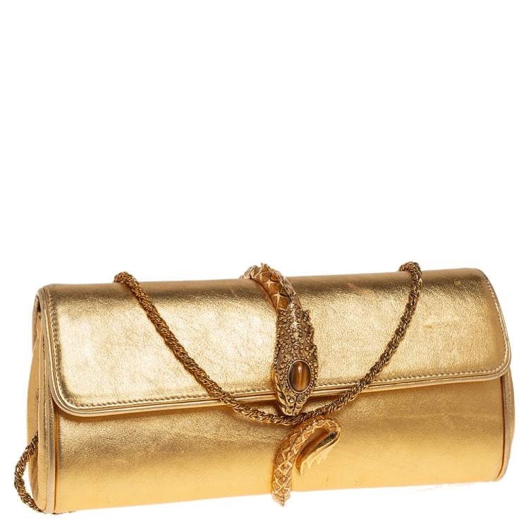 مملوكة مسبقًا Roberto Cavalli Gold Leather Serpent Clasp Chain Clutch