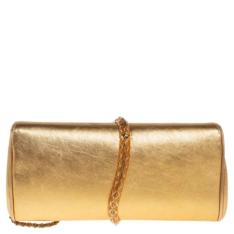 مملوكة مسبقًا Roberto Cavalli Gold Leather Serpent Clasp Chain Clutch