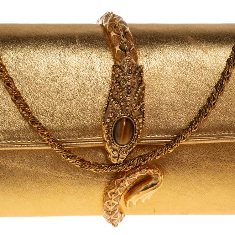 مملوكة مسبقًا Roberto Cavalli Gold Leather Serpent Clasp Chain Clutch