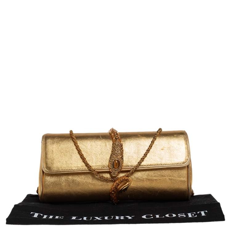 مملوكة مسبقًا Roberto Cavalli Gold Leather Serpent Clasp Chain Clutch
