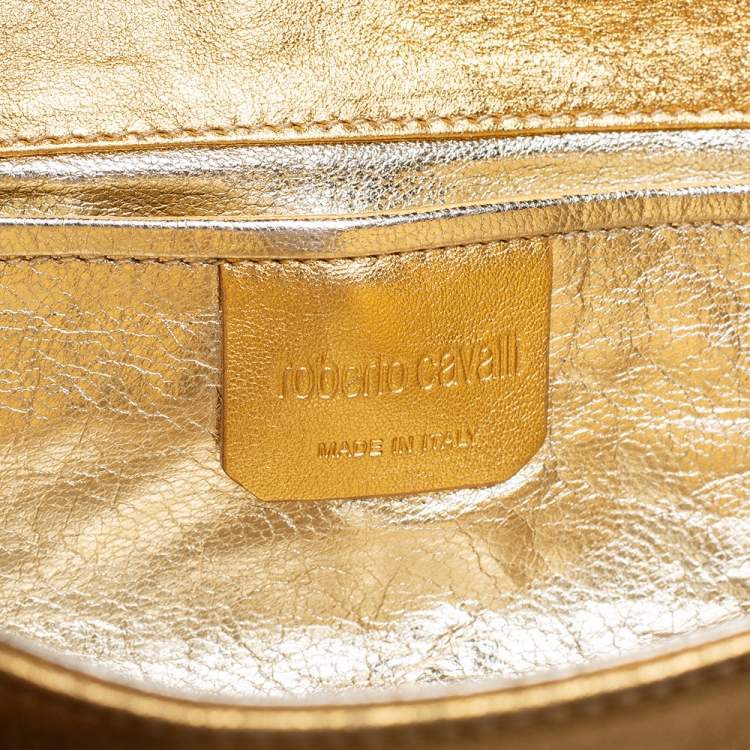مملوكة مسبقًا Roberto Cavalli Gold Leather Serpent Clasp Chain Clutch
