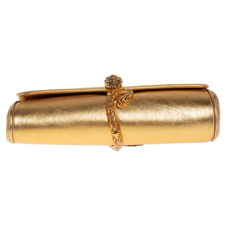 مملوكة مسبقًا Roberto Cavalli Gold Leather Serpent Clasp Chain Clutch