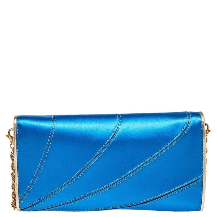 Pre Owned Roberto Cavalli Blue Satin and Leather Logo Embellished Chain Clutch