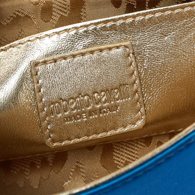 Pre Owned Roberto Cavalli Blue Satin and Leather Logo Embellished Chain Clutch