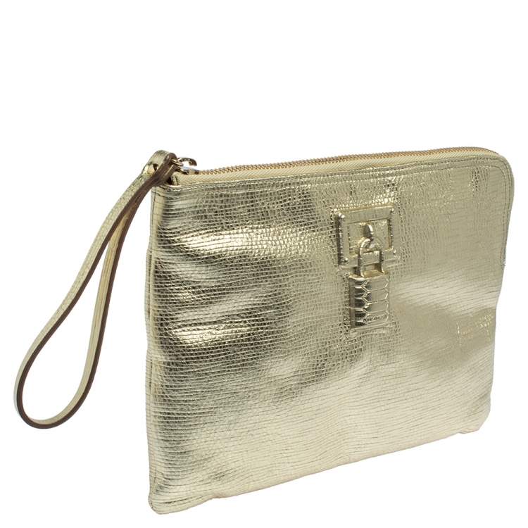 Pre Owned Roberto Cavalli Metallic Gold Leather Clutch