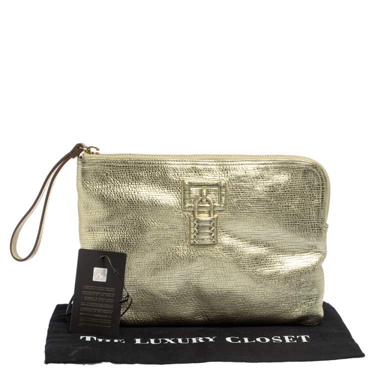 Pre Owned Roberto Cavalli Metallic Gold Leather Clutch