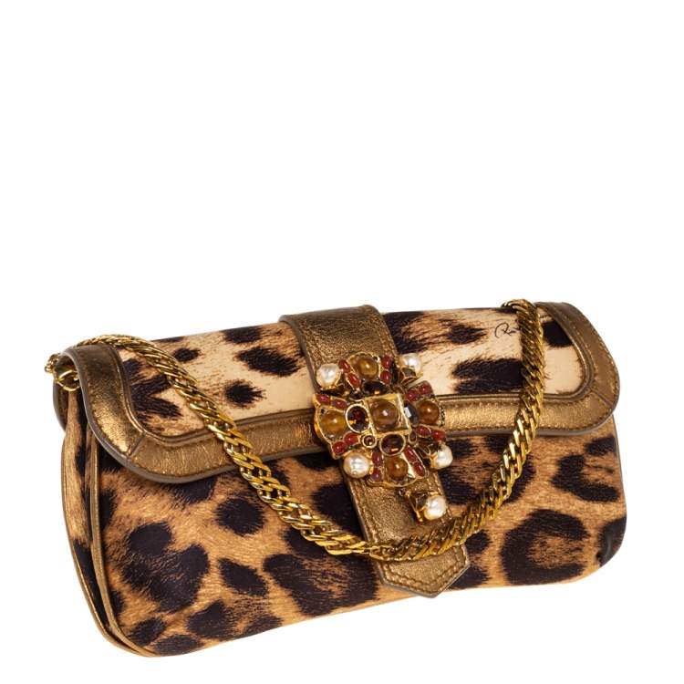 Pre Owned Roberto Cavalli Brown/Gold Leopard Print Satin and Leather Chain Clutch