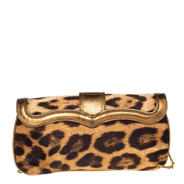 Pre Owned Roberto Cavalli Brown/Gold Leopard Print Satin and Leather Chain Clutch