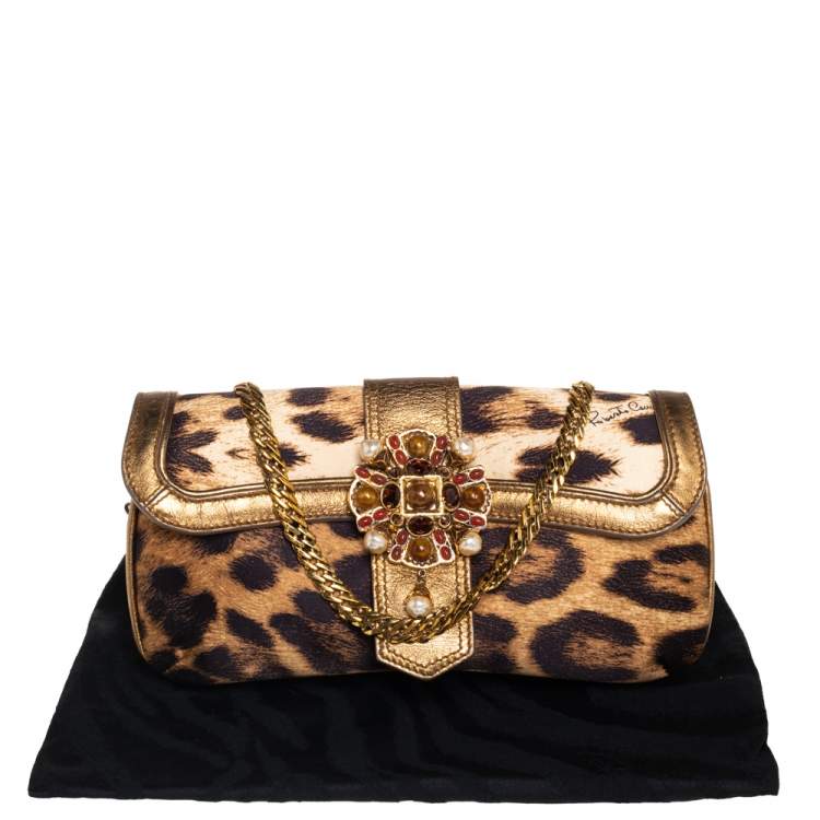 Pre Owned Roberto Cavalli Brown/Gold Leopard Print Satin and Leather Chain Clutch