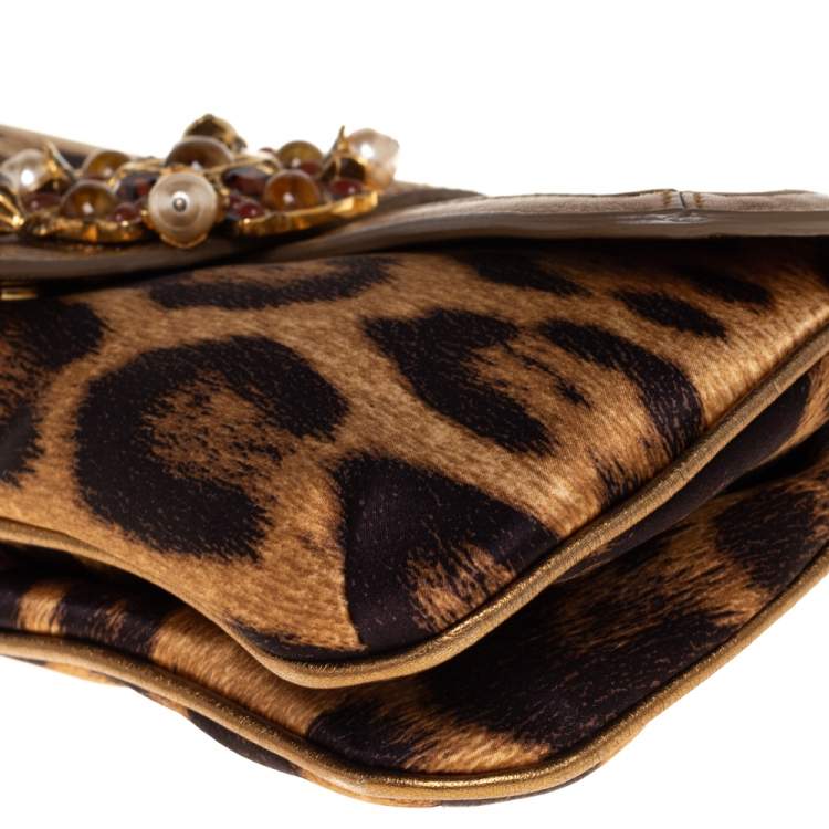 Pre Owned Roberto Cavalli Brown/Gold Leopard Print Satin and Leather Chain Clutch