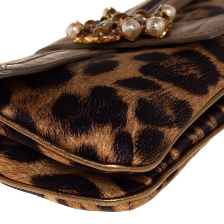 Pre Owned Roberto Cavalli Brown/Gold Leopard Print Satin and Leather Chain Clutch