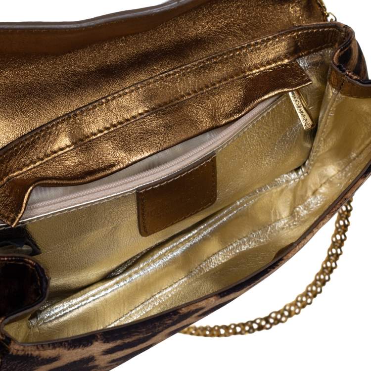 Pre Owned Roberto Cavalli Brown/Gold Leopard Print Satin and Leather Chain Clutch