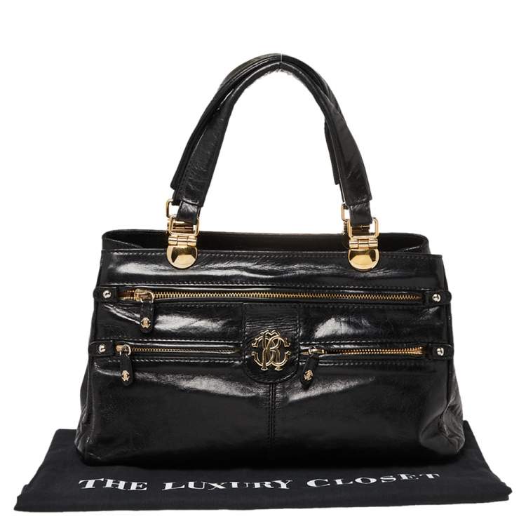 Pre Owned Roberto Cavalli Black Glazed Leather RC Logo Tote