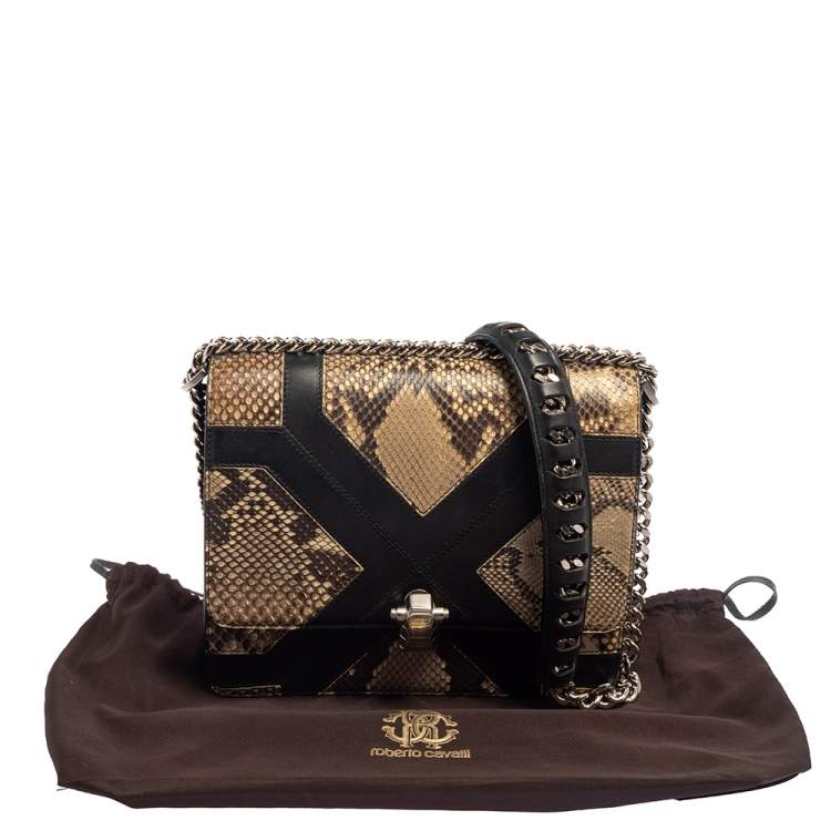 Pre Owned Roberto Cavalli Beige/Black Snakeskin and Leather Hera Flap Shoulder Bag