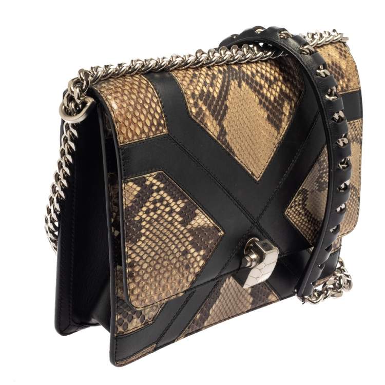 Pre Owned Roberto Cavalli Beige/Black Snakeskin and Leather Hera Flap Shoulder Bag