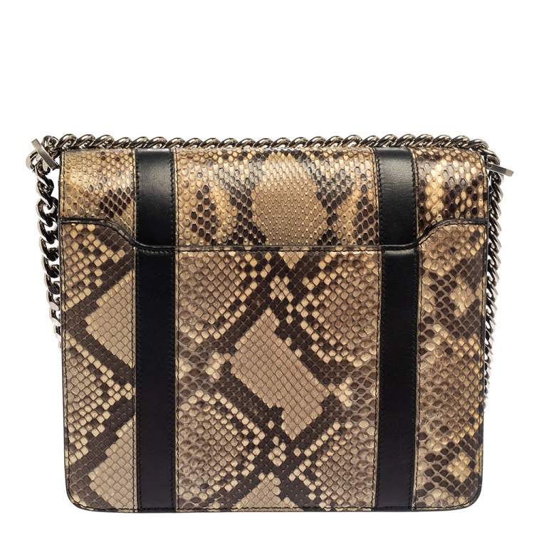 Pre Owned Roberto Cavalli Beige/Black Snakeskin and Leather Hera Flap Shoulder Bag