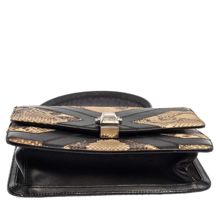 Pre Owned Roberto Cavalli Beige/Black Snakeskin and Leather Hera Flap Shoulder Bag