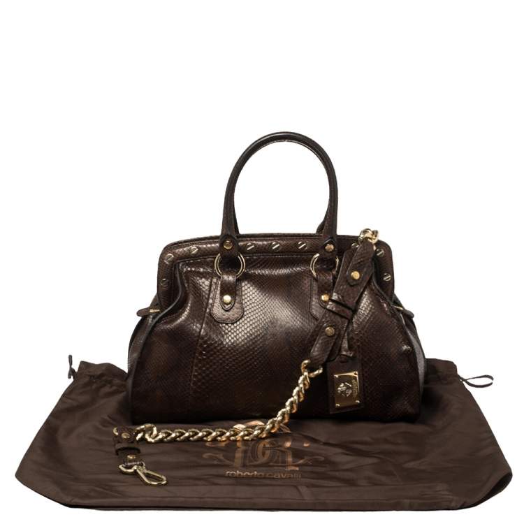 Pre Owned Roberto Cavalli Brown Studded Python Satchel
