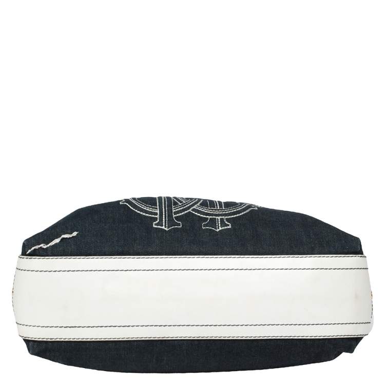Pre Owned Roberto Cavalli Navy Blue/White Denim and Leather Logo Shoulder Bag