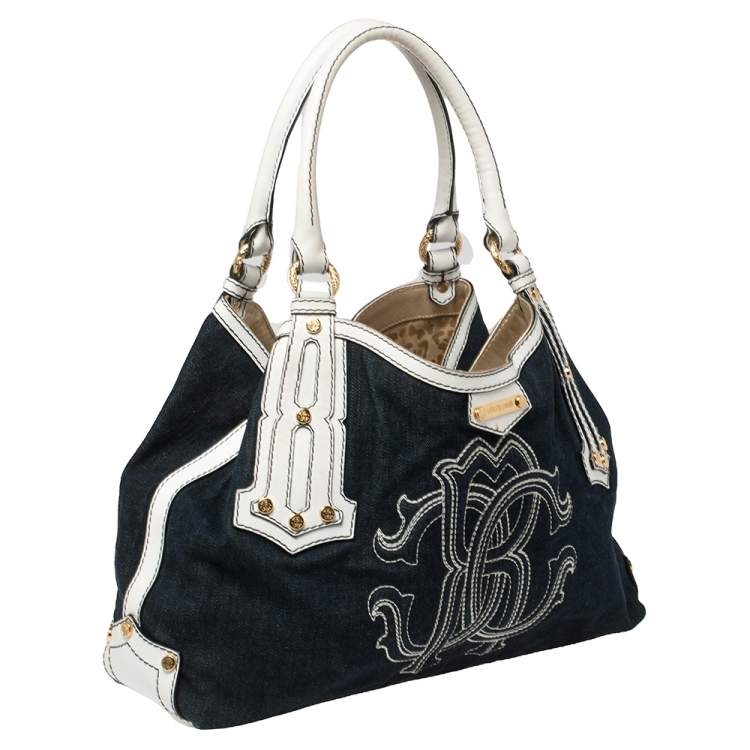 Pre Owned Roberto Cavalli Navy Blue/White Denim and Leather Logo Shoulder Bag