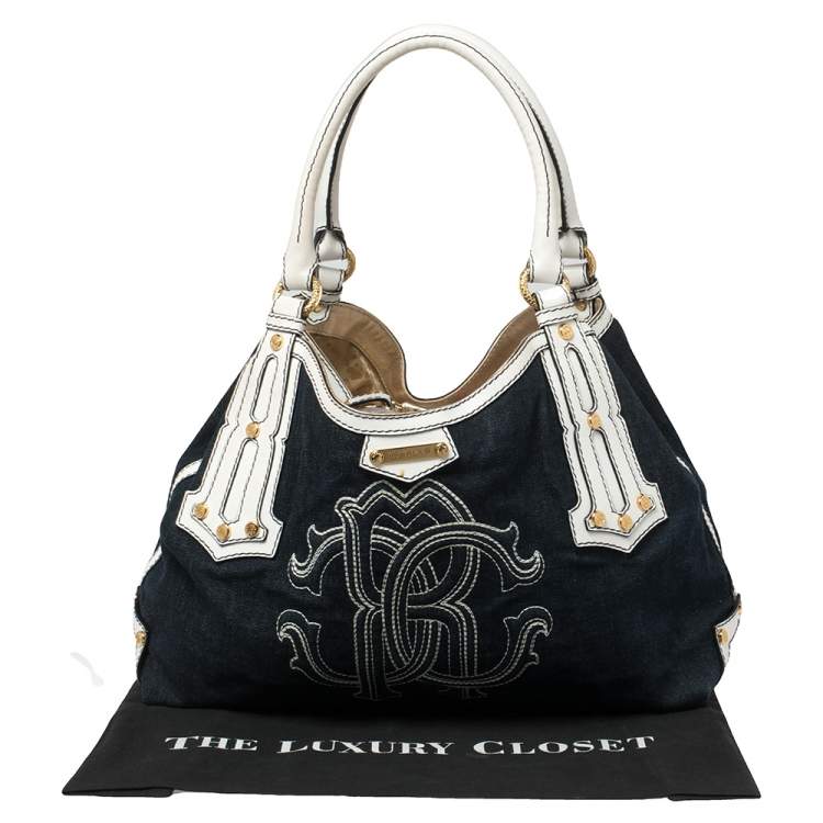 Pre Owned Roberto Cavalli Navy Blue/White Denim and Leather Logo Shoulder Bag