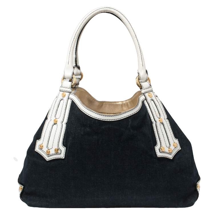 Pre Owned Roberto Cavalli Navy Blue/White Denim and Leather Logo Shoulder Bag
