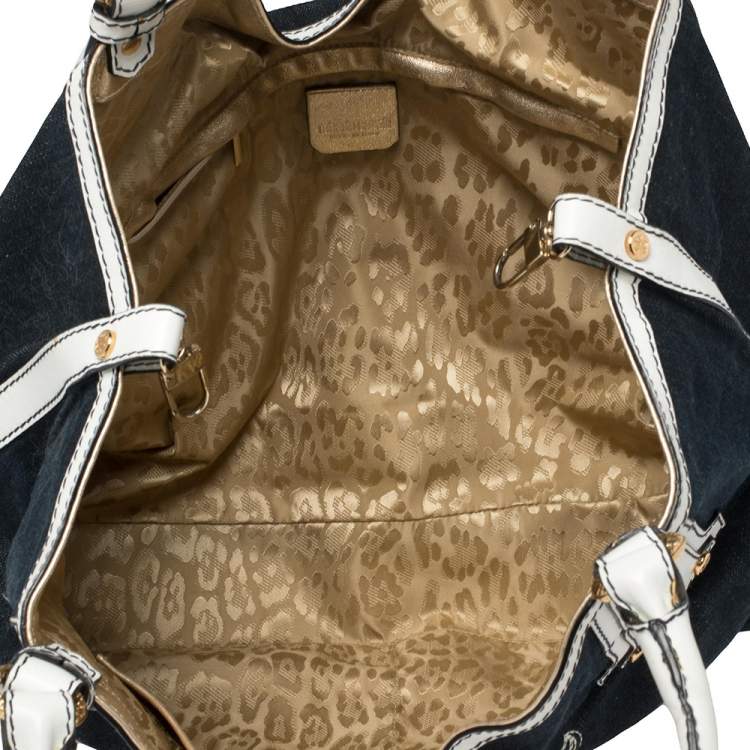 Pre Owned Roberto Cavalli Navy Blue/White Denim and Leather Logo Shoulder Bag