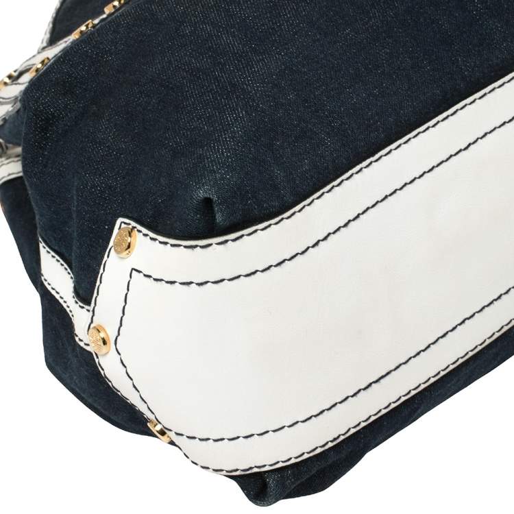 Pre Owned Roberto Cavalli Navy Blue/White Denim and Leather Logo Shoulder Bag