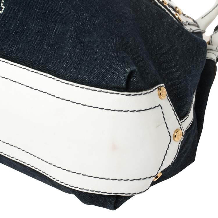 Pre Owned Roberto Cavalli Navy Blue/White Denim and Leather Logo Shoulder Bag