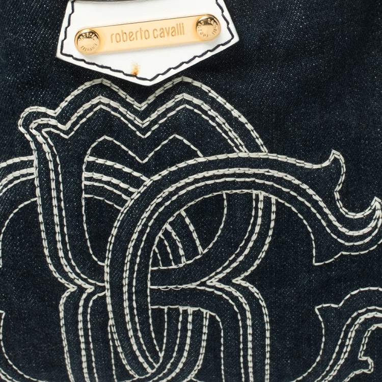 Pre Owned Roberto Cavalli Navy Blue/White Denim and Leather Logo Shoulder Bag
