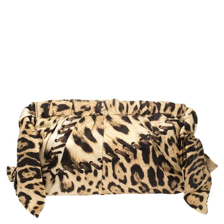 Pre Owned Roberto Cavalli Beige/Black Leopard Print Satin Clutch 