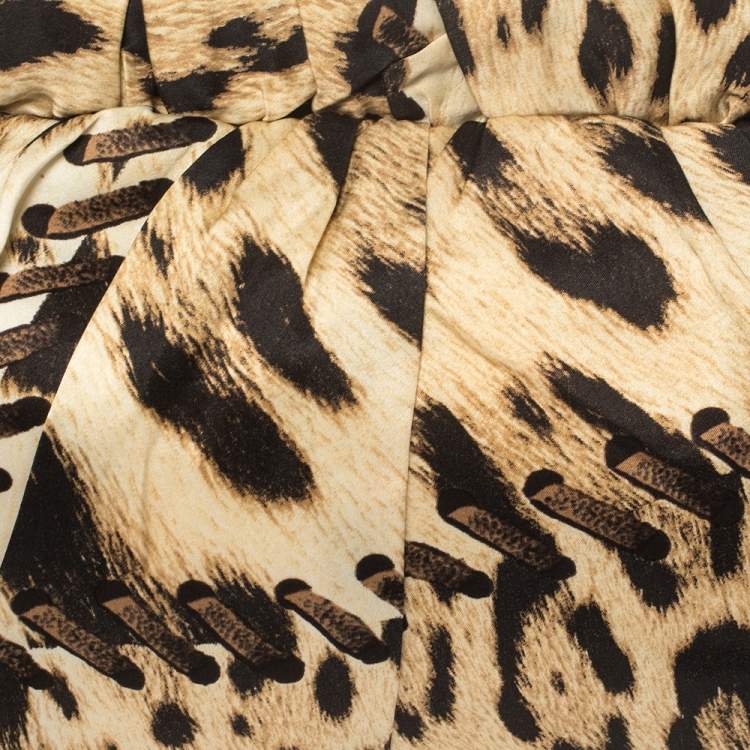 Pre Owned Roberto Cavalli Beige/Black Leopard Print Satin Clutch 