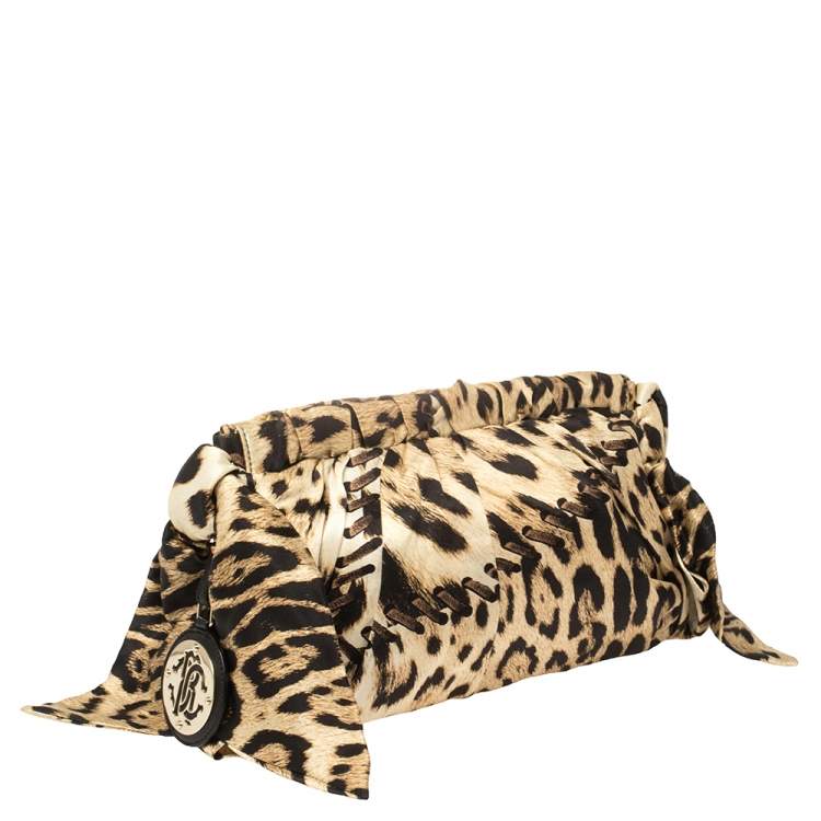 Pre Owned Roberto Cavalli Beige/Black Leopard Print Satin Clutch 