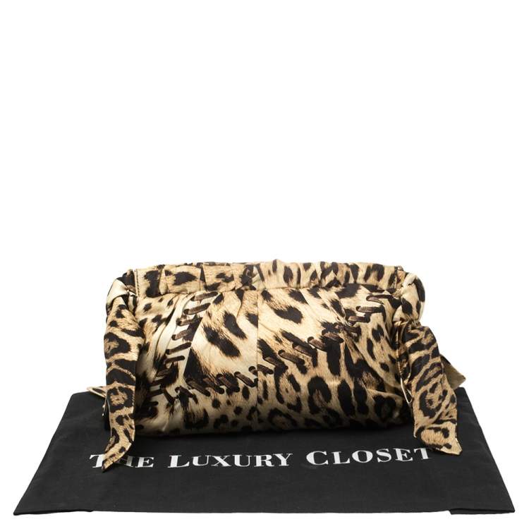 Pre Owned Roberto Cavalli Beige/Black Leopard Print Satin Clutch 