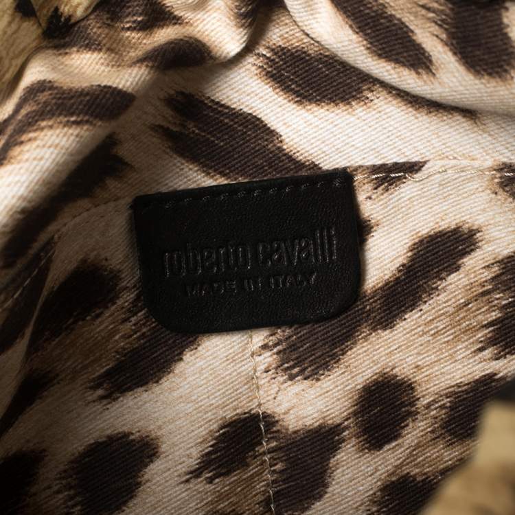 Pre Owned Roberto Cavalli Beige/Black Leopard Print Satin Clutch 