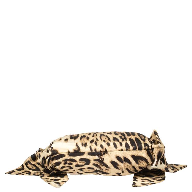 Pre Owned Roberto Cavalli Beige/Black Leopard Print Satin Clutch 