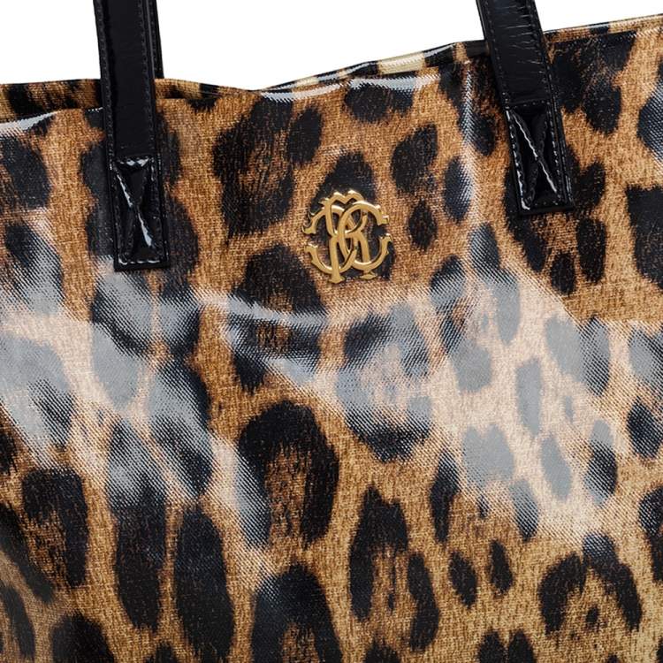 Pre Owned Roberto Cavalli Beige/Black Leopard Print Coated Canvas Tote