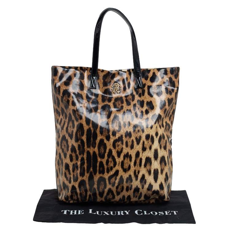 Pre Owned Roberto Cavalli Beige/Black Leopard Print Coated Canvas Tote