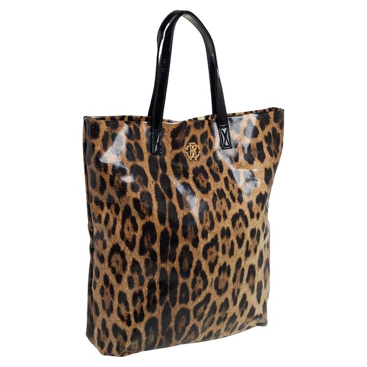 Pre Owned Roberto Cavalli Beige/Black Leopard Print Coated Canvas Tote
